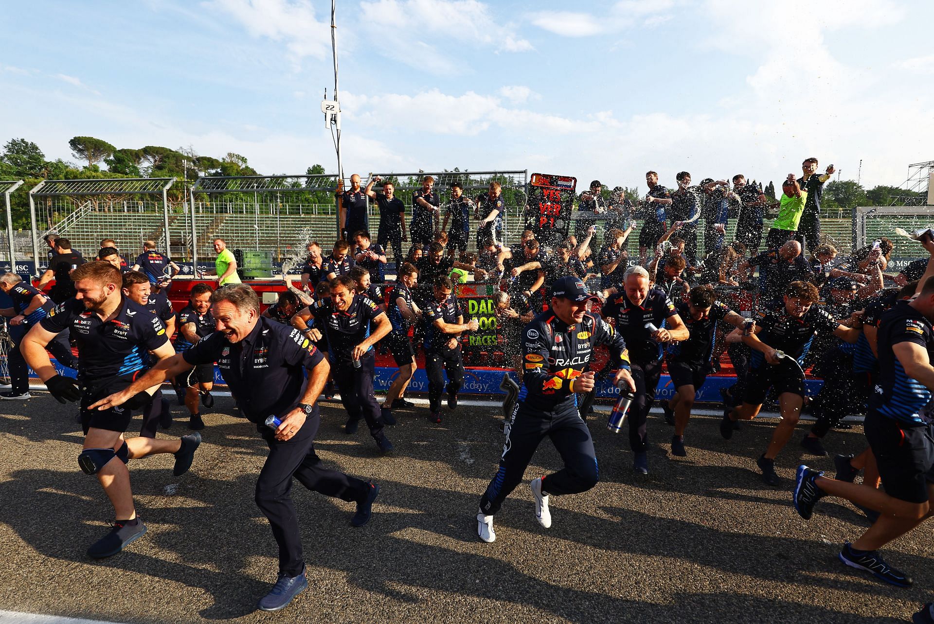 Max Verstappen (Center-Right) of Oracle Red Bull Racing celebrates Emilia-Romagna GP. Source: Getty
